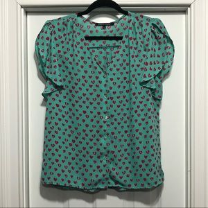 Mint Green w/Pink Hearts Flutter Sleeve Blouse